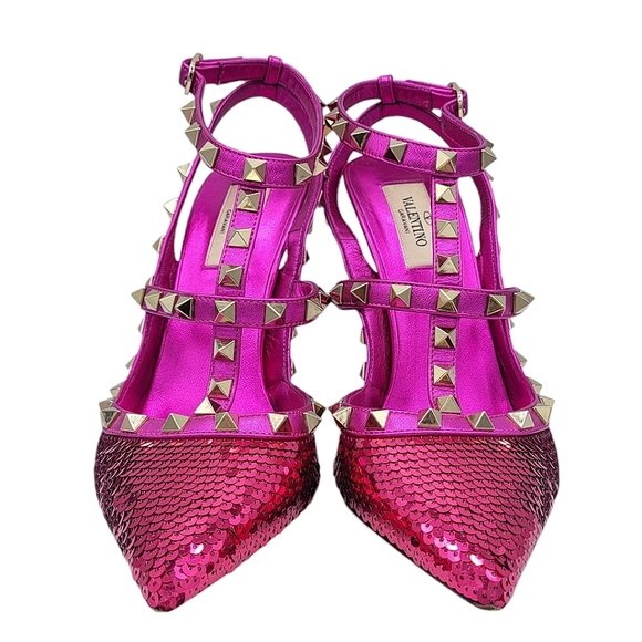 Valentino Rockstud Sequined Leather Pumps Pink 38.5 - Picture 7 of 16